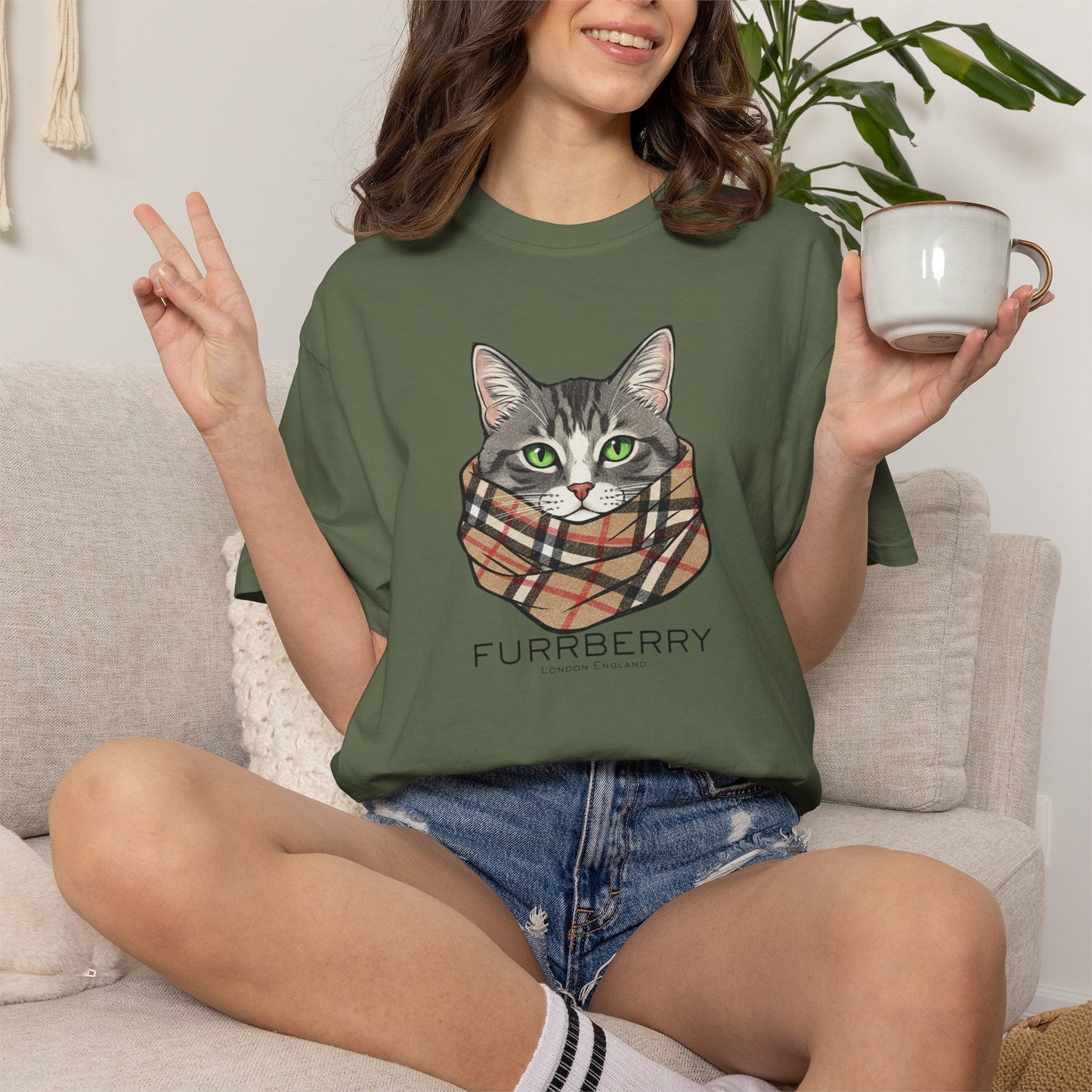 Furrberry Cat Tee - Parody Cat Wearing Plaid Scarf Graphic T-Shirt