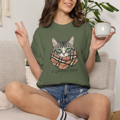 Furrberry Cat Tee - Parody Cat Wearing Plaid Scarf Graphic T-Shirt