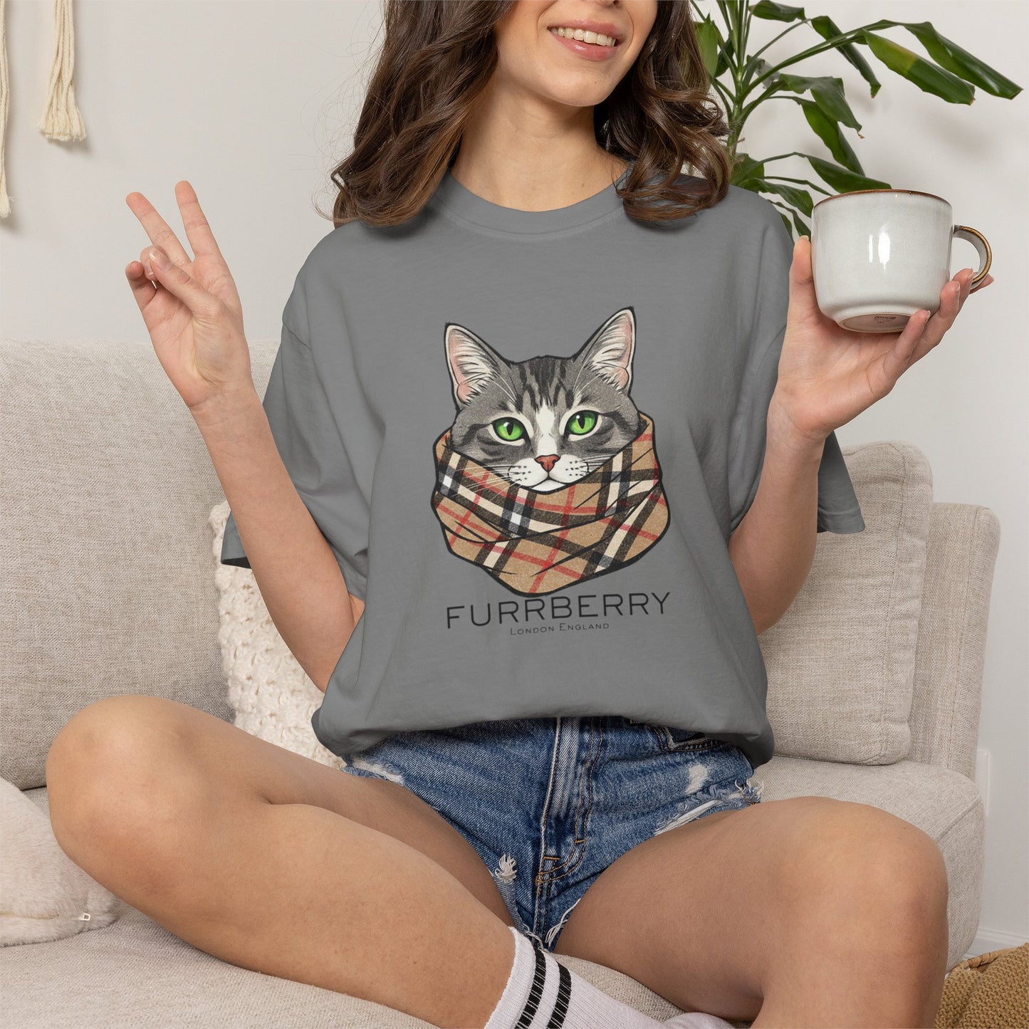 Furrberry Cat Tee - Parody Cat Wearing Plaid Scarf Graphic T-Shirt