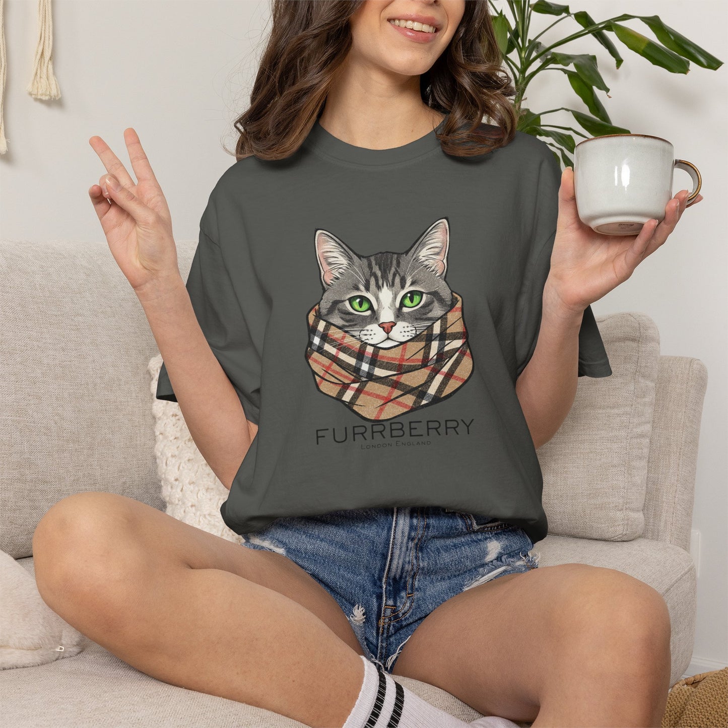 Furrberry Cat Tee - Parody Cat Wearing Plaid Scarf Graphic T-Shirt