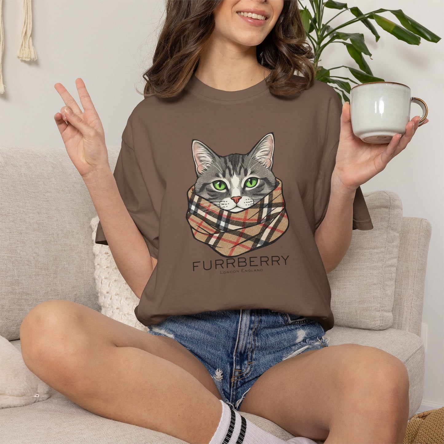 Furrberry Cat Tee - Parody Cat Wearing Plaid Scarf Graphic T-Shirt