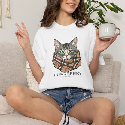 Furrberry Cat Tee - Parody Cat Wearing Plaid Scarf Graphic T-Shirt