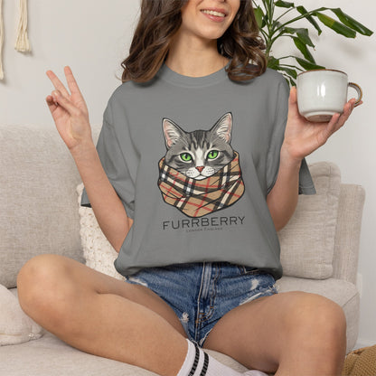Furrberry Cat Tee - Parody Cat Wearing Plaid Scarf Graphic T-Shirt