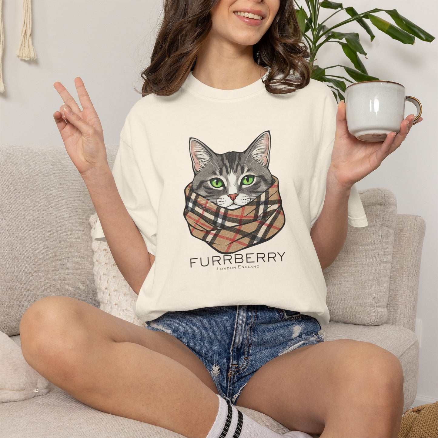 Furrberry Cat Tee - Parody Cat Wearing Plaid Scarf Graphic T-Shirt