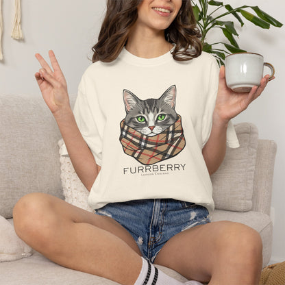Furrberry Cat Tee - Parody Cat Wearing Plaid Scarf Graphic T-Shirt